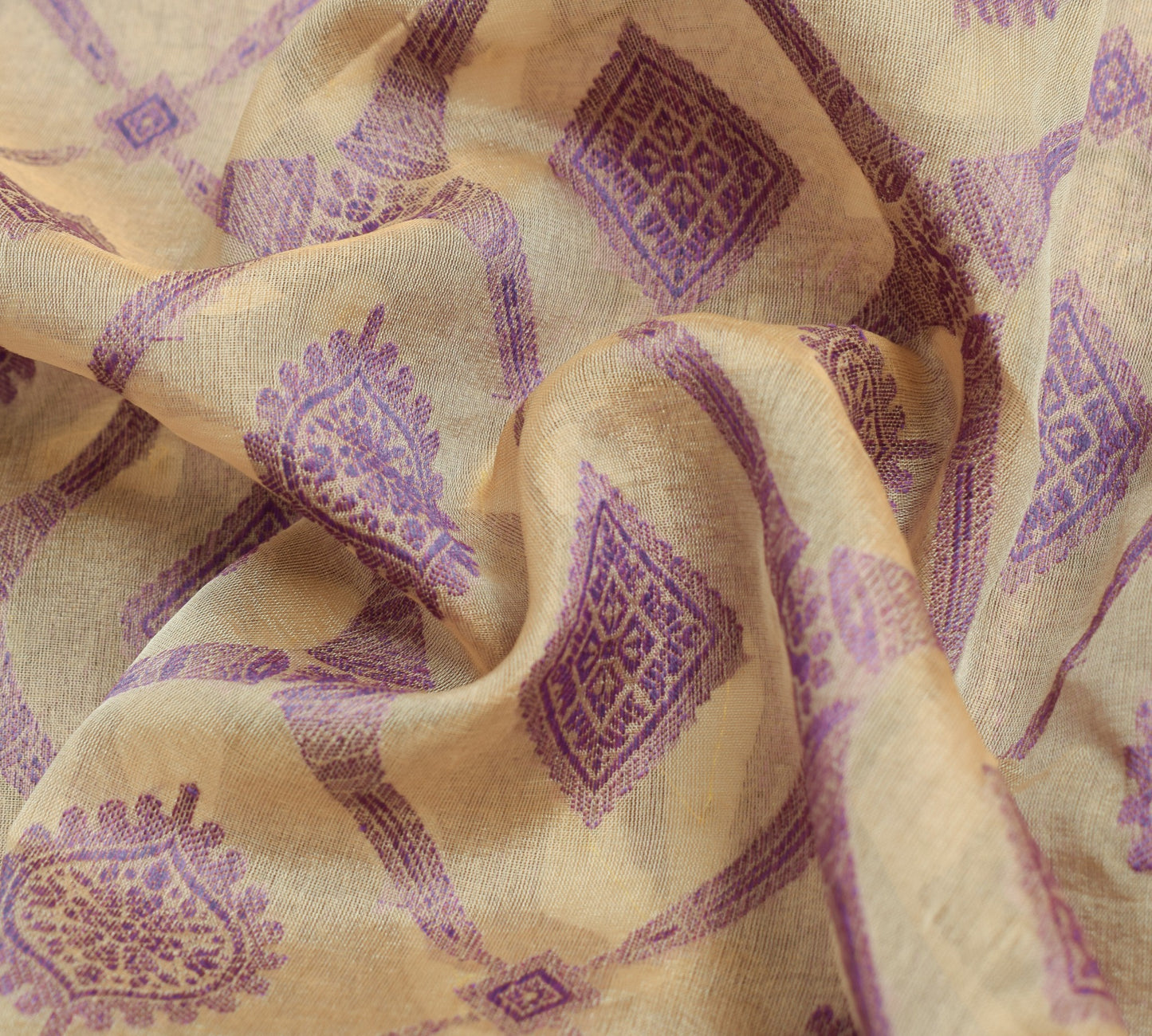 Sushila Vintage Cream Saree All Over Woven Pure Organza Silk Indian Sari Fabric