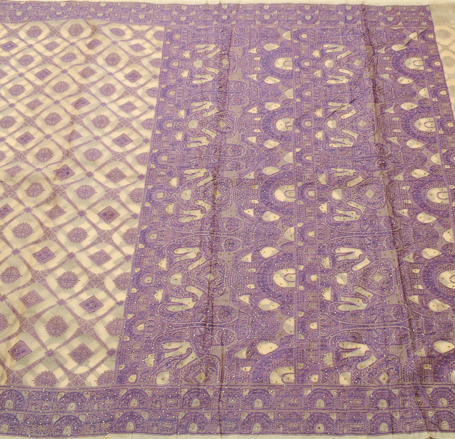 Sushila Vintage Cream Saree All Over Woven Pure Organza Silk Indian Sari Fabric
