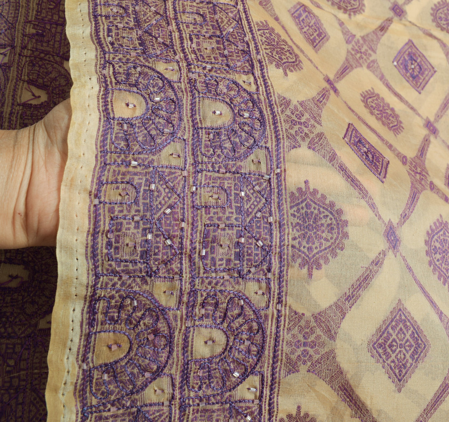Sushila Vintage Cream Saree All Over Woven Pure Organza Silk Indian Sari Fabric