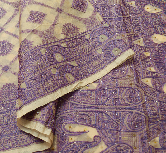 Sushila Vintage Cream Saree All Over Woven Pure Organza Silk Indian Sari Fabric