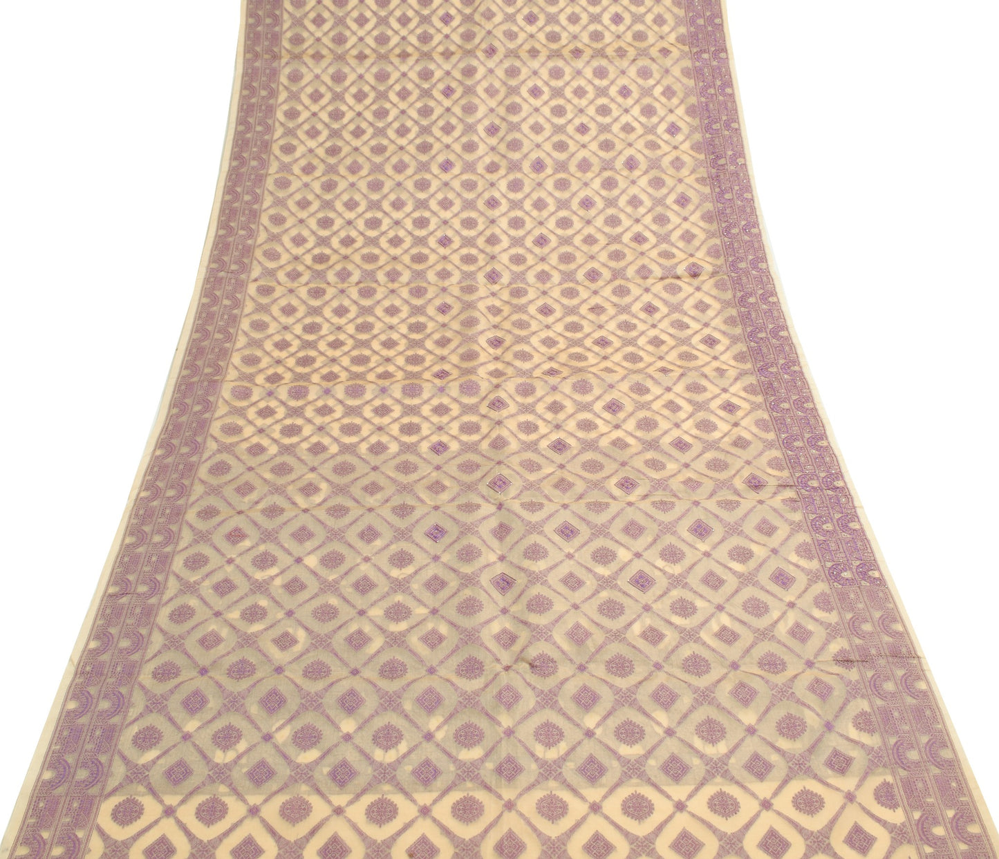 Sushila Vintage Cream Saree All Over Woven Pure Organza Silk Indian Sari Fabric