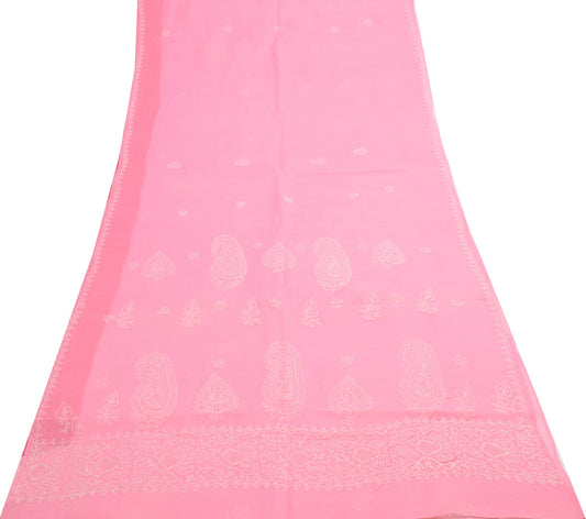 Sushila Vintage Pink Sari Art Cotton Lucknowi Chikankari Embroidery Saree Fabric