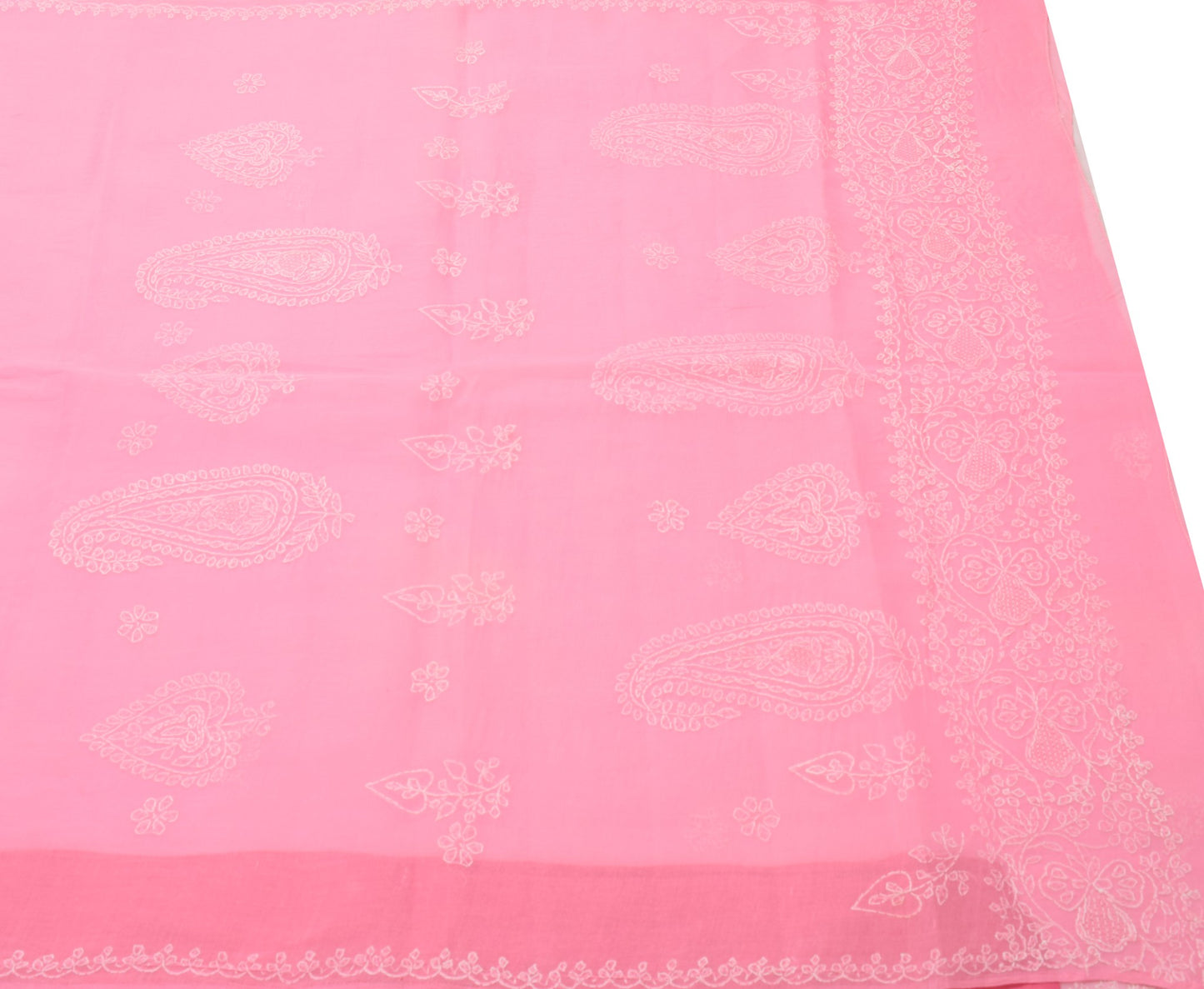 Sushila Vintage Pink Sari Art Cotton Lucknowi Chikankari Embroidery Saree Fabric
