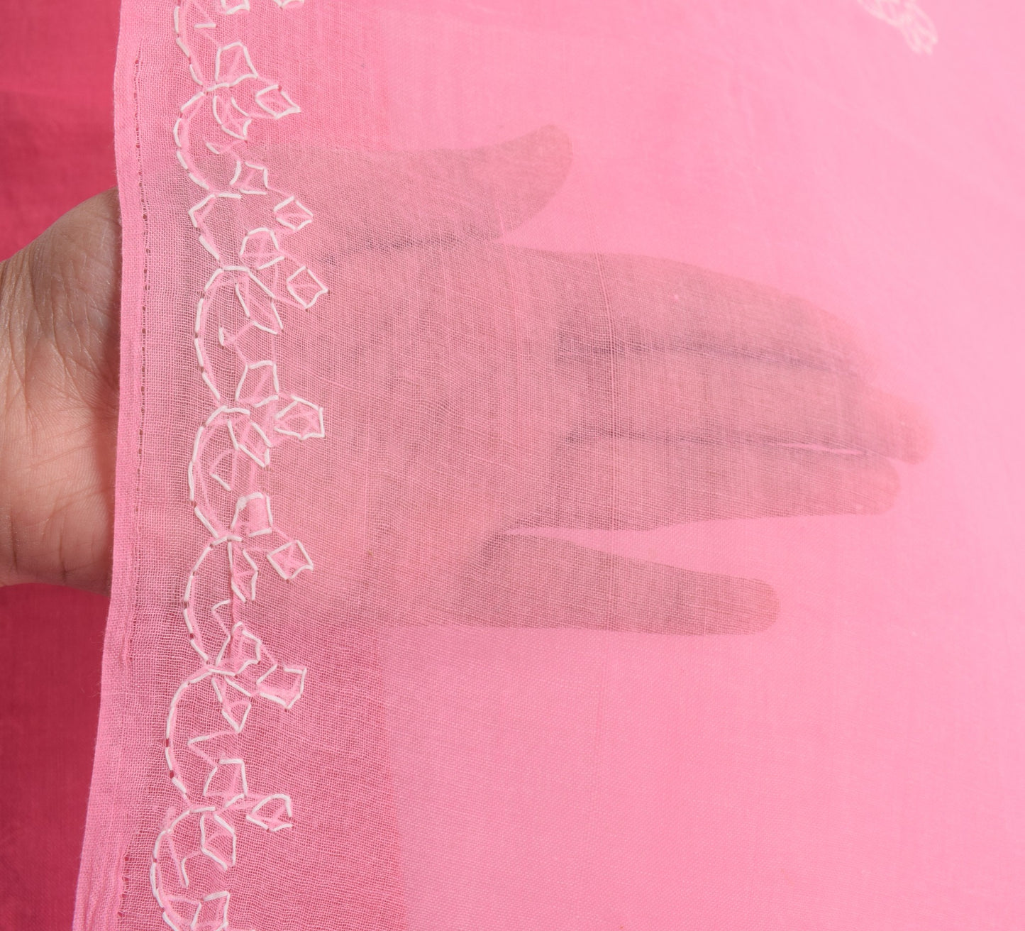 Sushila Vintage Pink Sari Art Cotton Lucknowi Chikankari Embroidery Saree Fabric