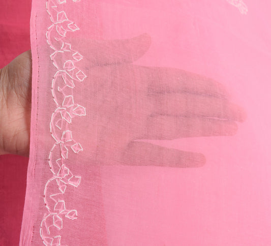 Sushila Vintage Pink Sari Art Cotton Lucknowi Chikankari Embroidery Saree Fabric