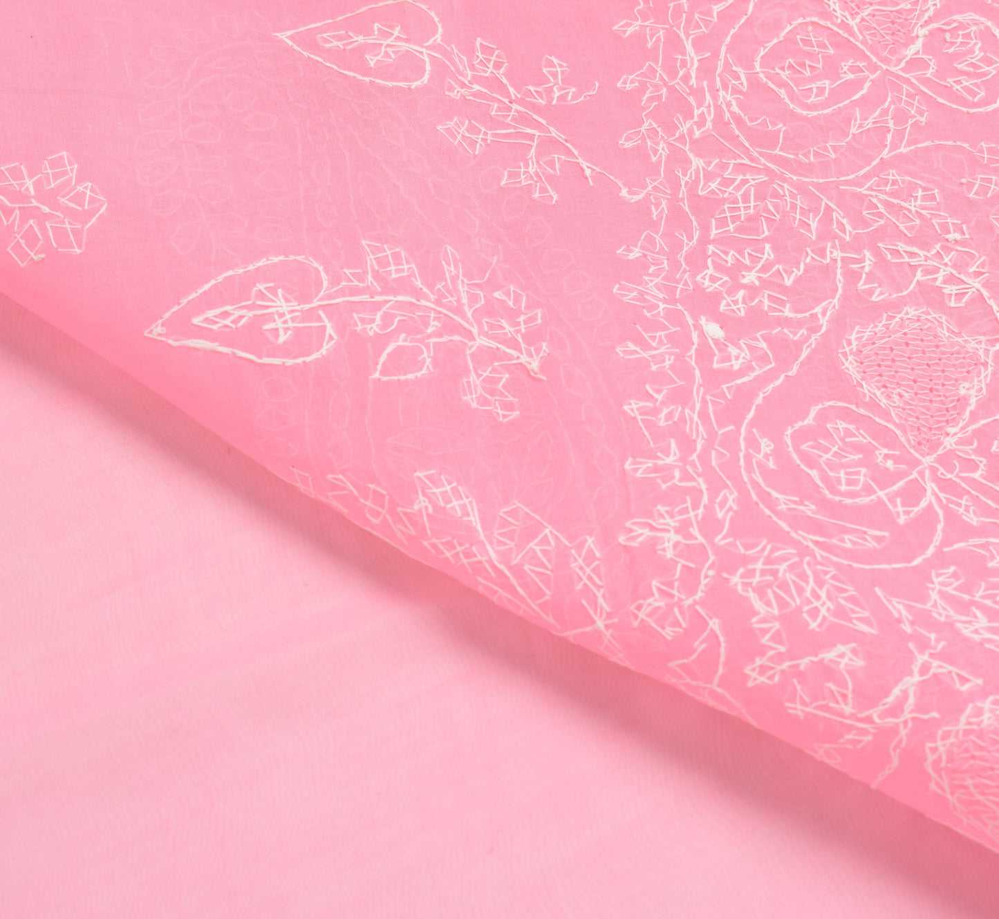 Sushila Vintage Pink Sari Art Cotton Lucknowi Chikankari Embroidery Saree Fabric