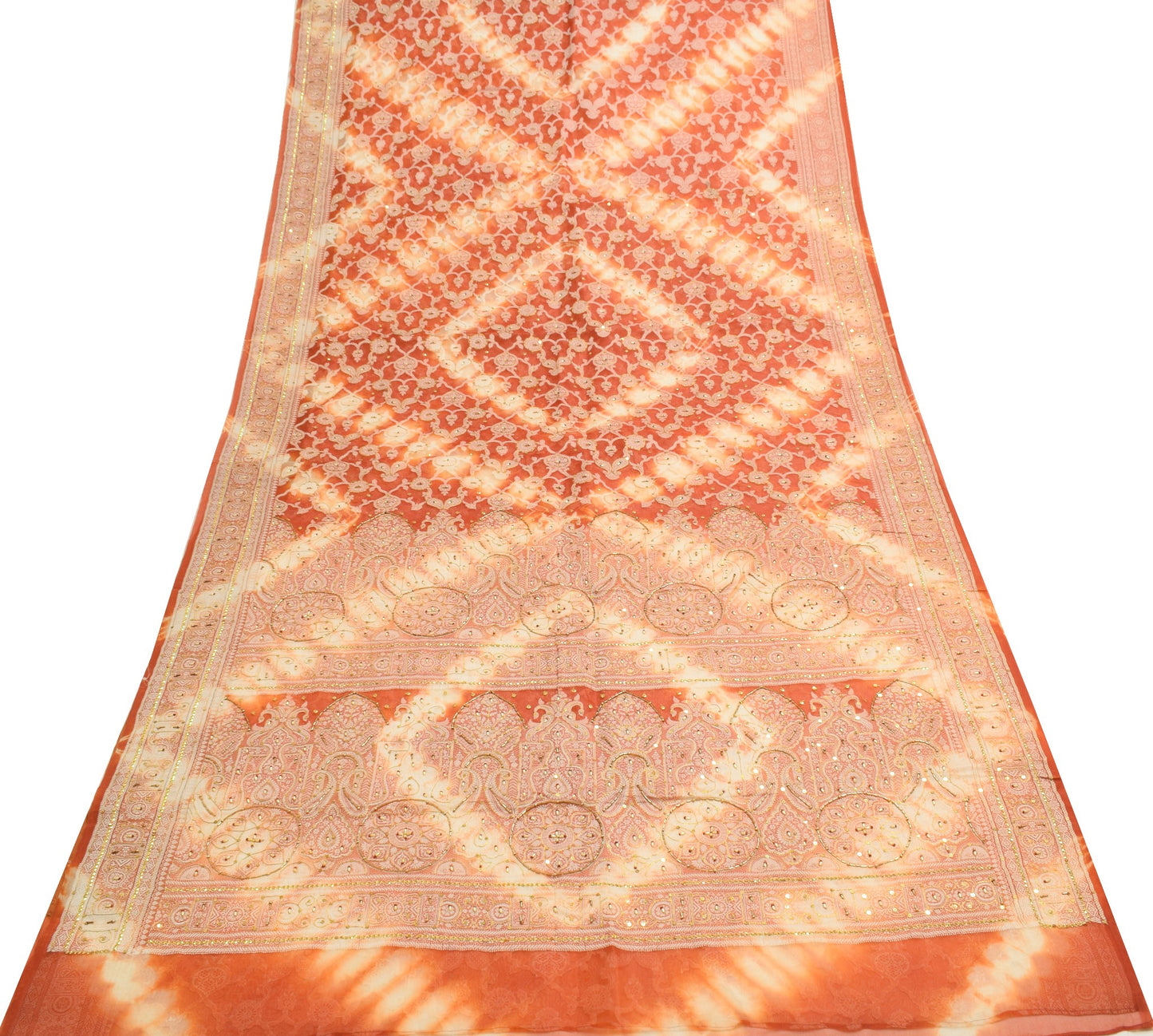 Sushila Vintage Rust Saree Pure Organza Silk Glass Beads Embellish Sari Fabric