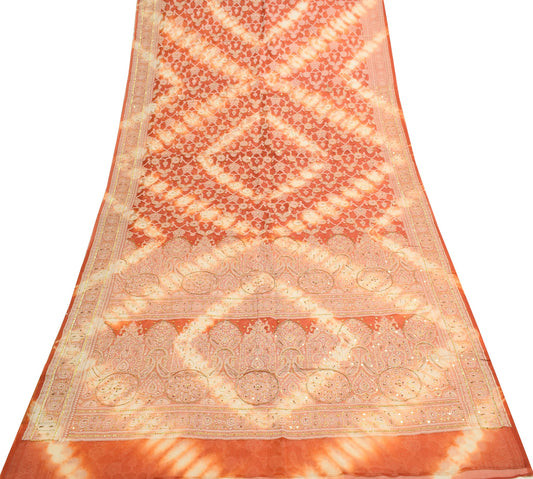Sushila Vintage Rust Saree Pure Organza Silk Glass Beads Embellish Sari Fabric