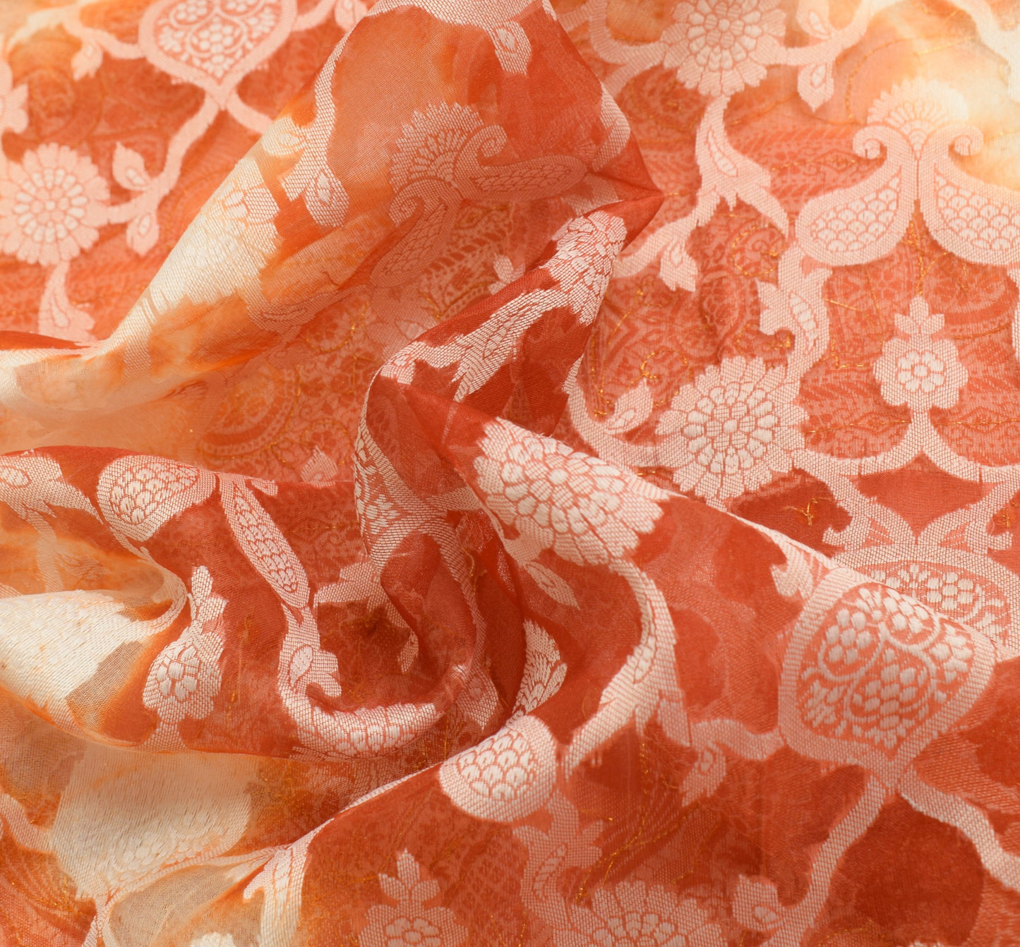 Sushila Vintage Rust Saree Pure Organza Silk Glass Beads Embellish Sari Fabric
