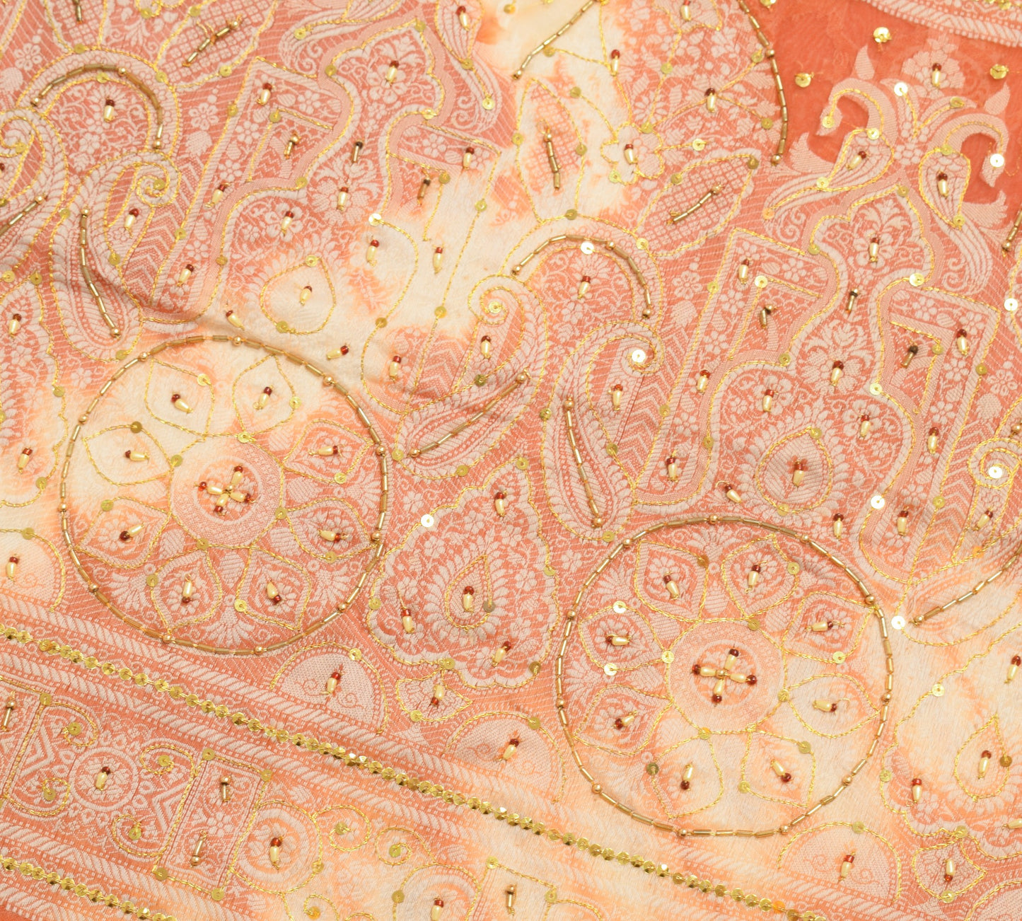 Sushila Vintage Rust Saree Pure Organza Silk Glass Beads Embellish Sari Fabric