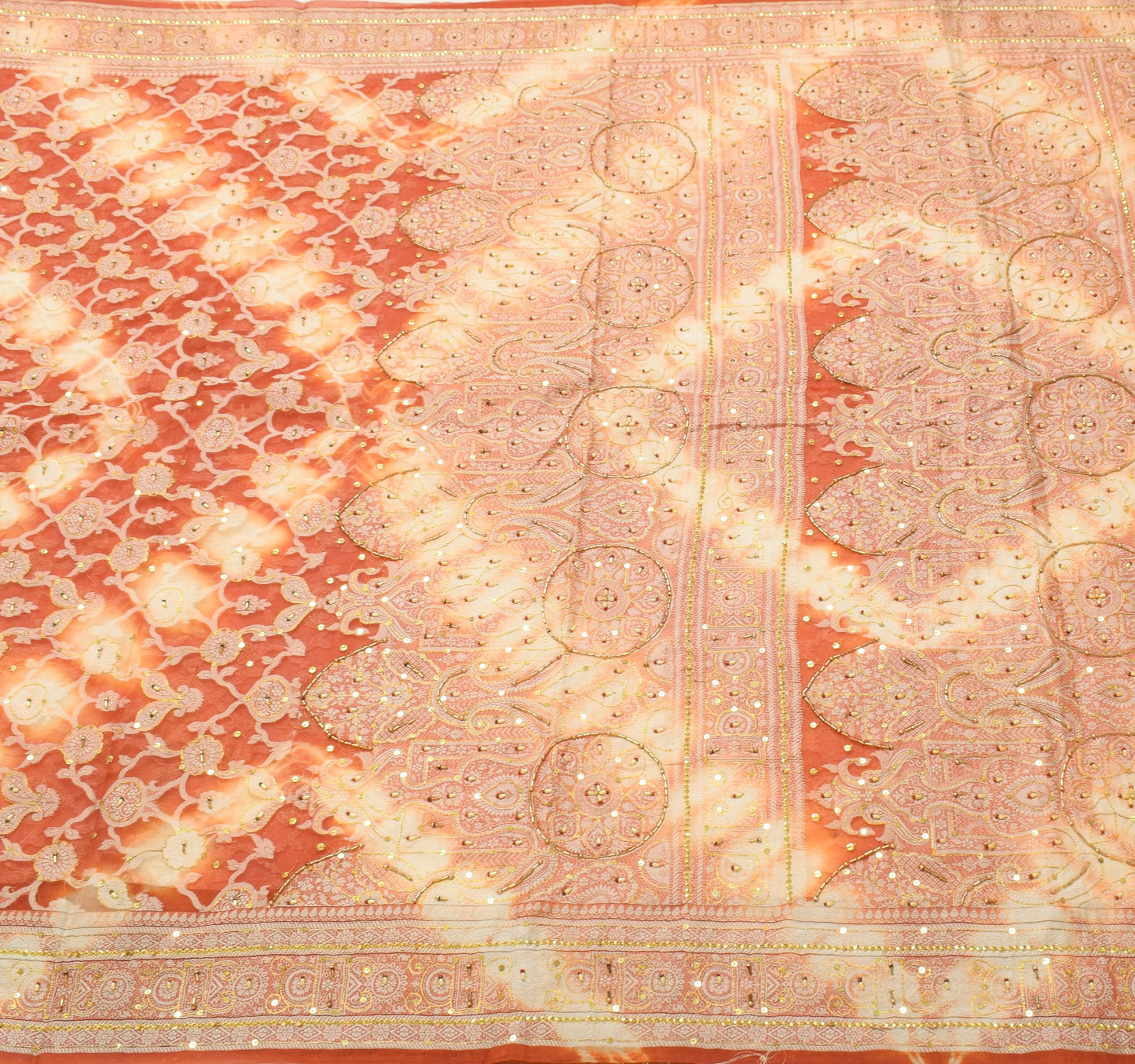 Sushila Vintage Rust Saree Pure Organza Silk Glass Beads Embellish Sari Fabric