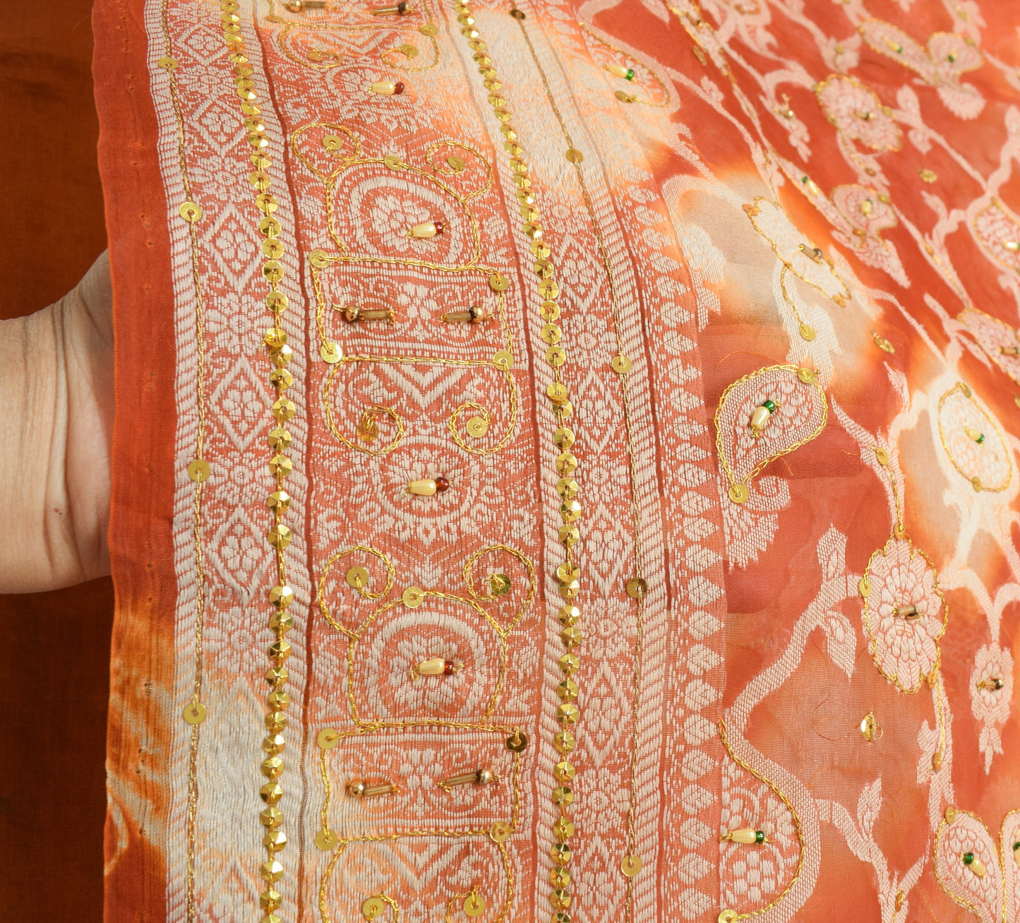 Sushila Vintage Rust Saree Pure Organza Silk Glass Beads Embellish Sari Fabric