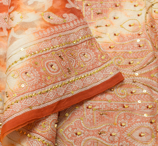 Sushila Vintage Rust Saree Pure Organza Silk Glass Beads Embellish Sari Fabric
