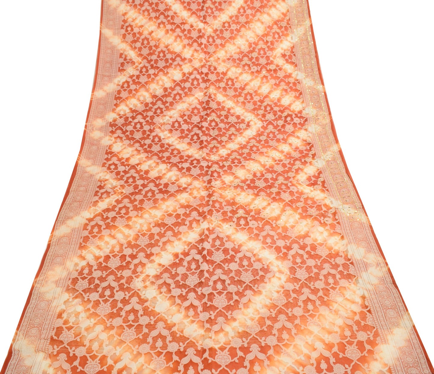 Sushila Vintage Rust Saree Pure Organza Silk Glass Beads Embellish Sari Fabric