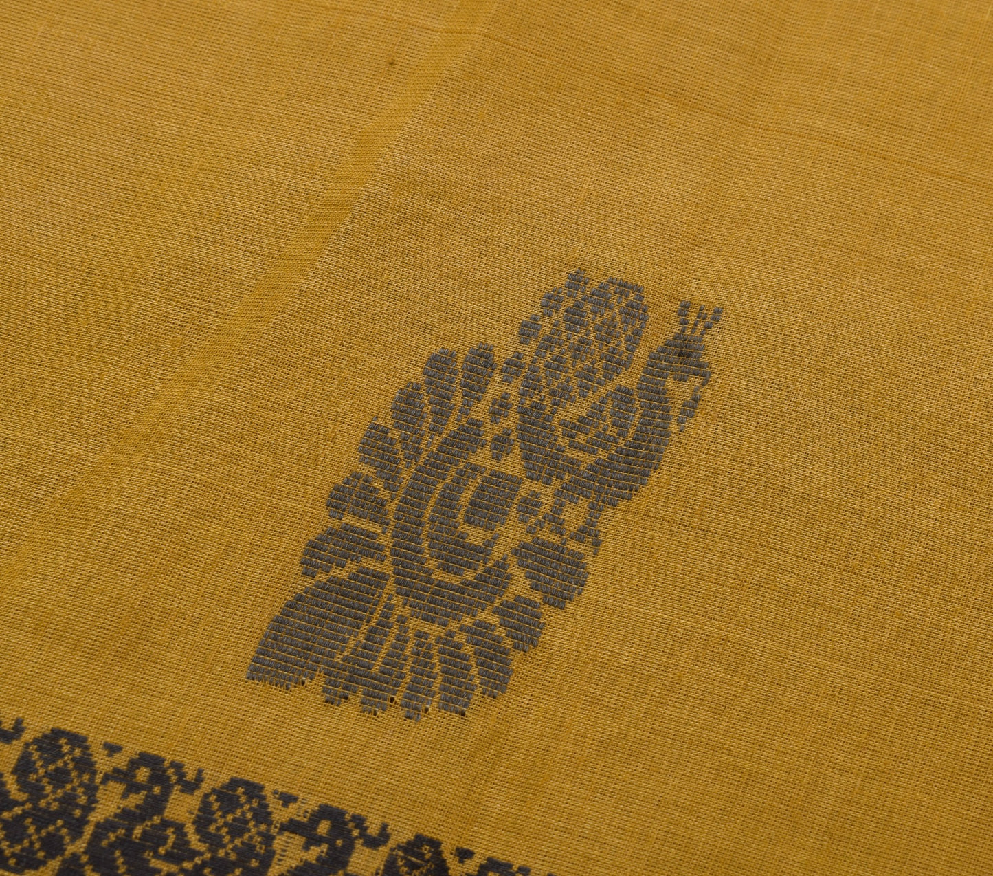 Sushila Vintage Mustard Saree 100% Pure Cotton Hand Woven Peacock Sari Fabric