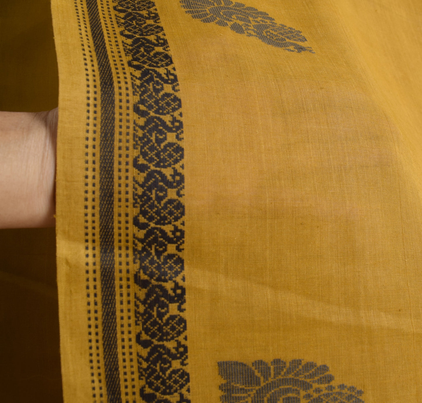 Sushila Vintage Mustard Saree 100% Pure Cotton Hand Woven Peacock Sari Fabric