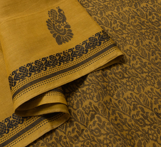 Sushila Vintage Mustard Saree 100% Pure Cotton Hand Woven Peacock Sari Fabric