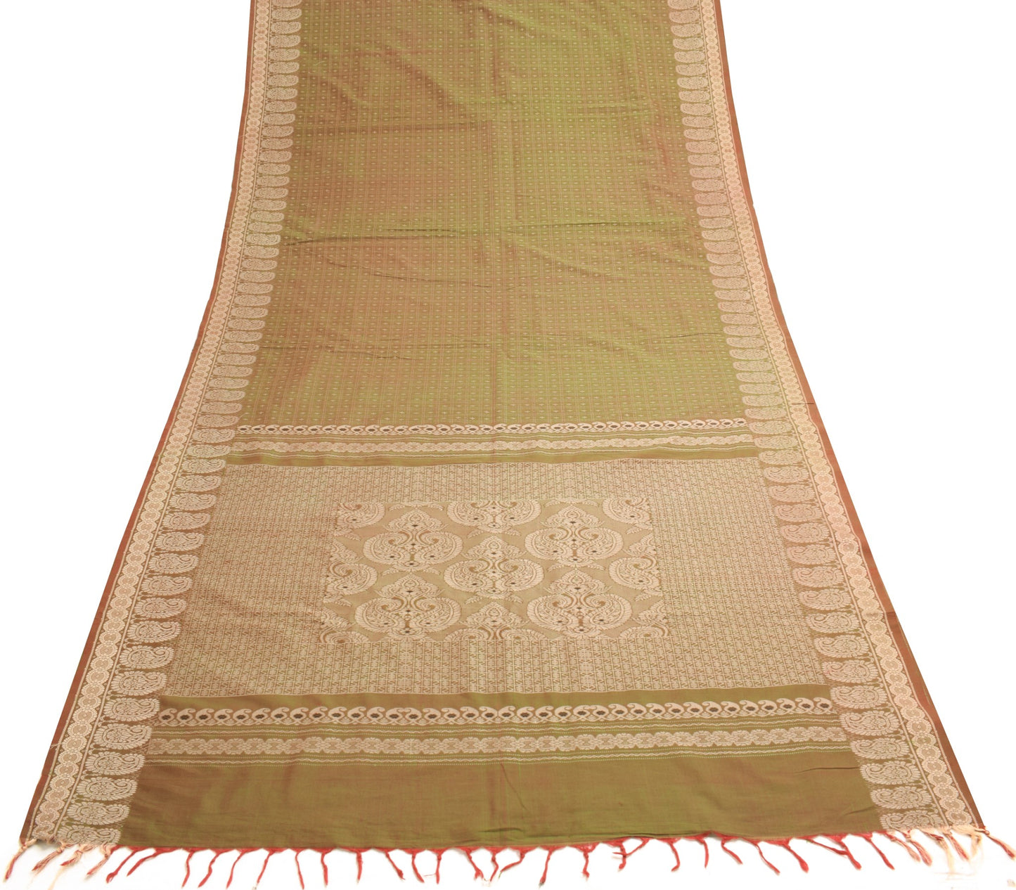 Sushila Vintage Green Dual Tone Saree Pure Cotton Silk Hand Woven Sari Fabric