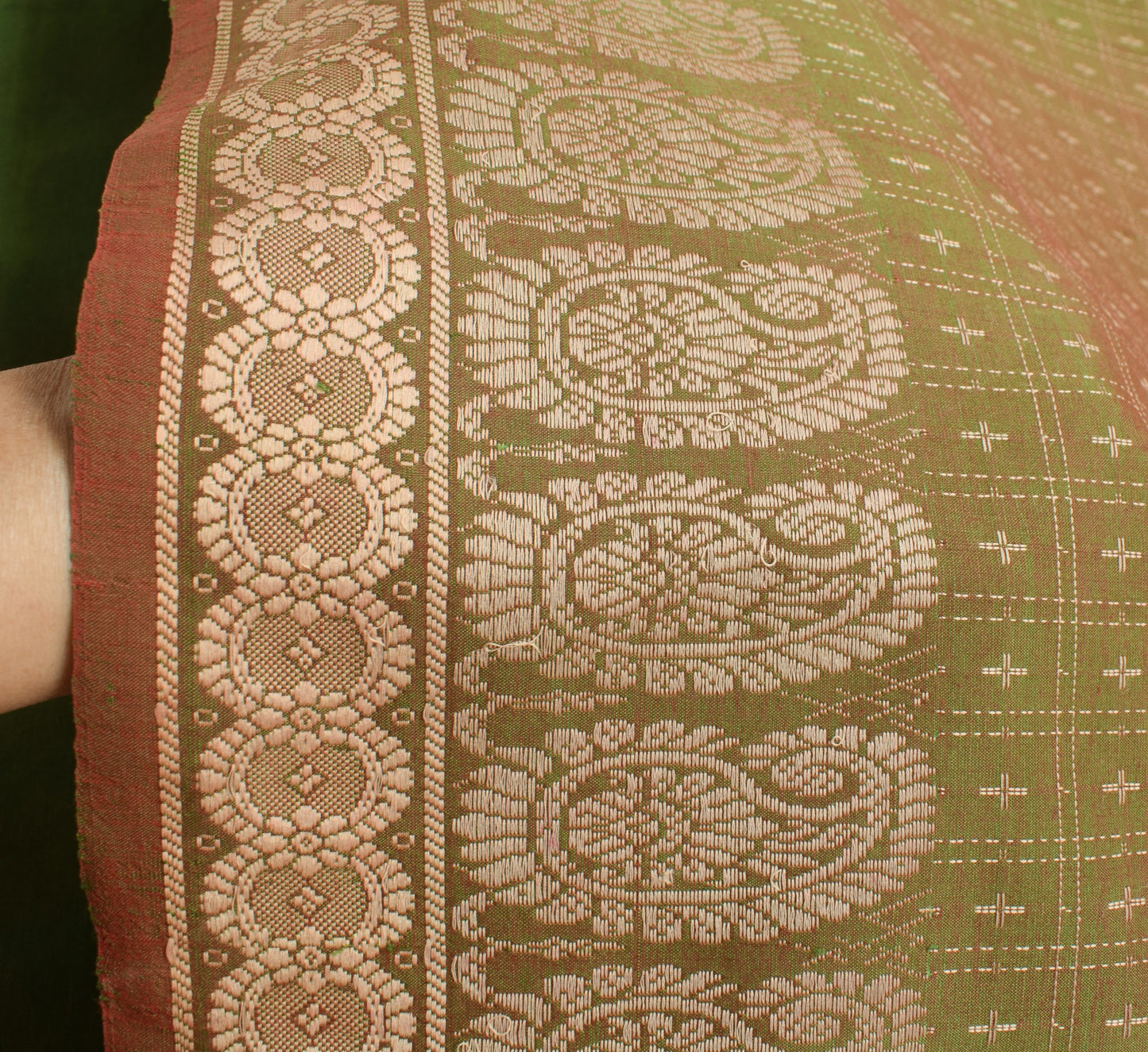 Sushila Vintage Green Dual Tone Saree Pure Cotton Silk Hand Woven Sari Fabric