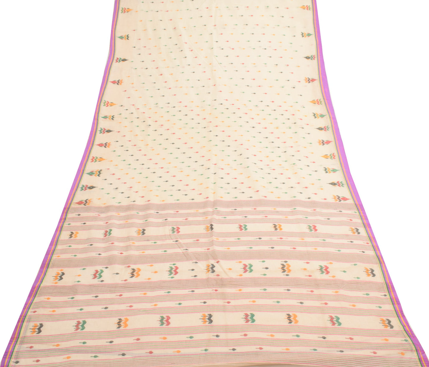 Sushila Vintage Cream Saree 100% Pure Cotton Bengal Tant Woven 5 YD Sari Fabric