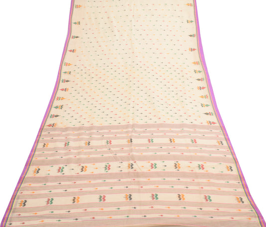 Sushila Vintage Cream Saree 100% Pure Cotton Bengal Tant Woven 5 YD Sari Fabric