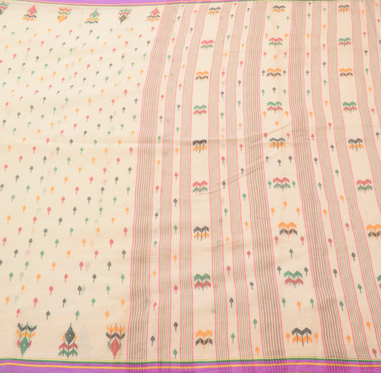 Sushila Vintage Cream Saree 100% Pure Cotton Bengal Tant Woven 5 YD Sari Fabric