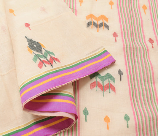 Sushila Vintage Cream Saree 100% Pure Cotton Bengal Tant Woven 5 YD Sari Fabric