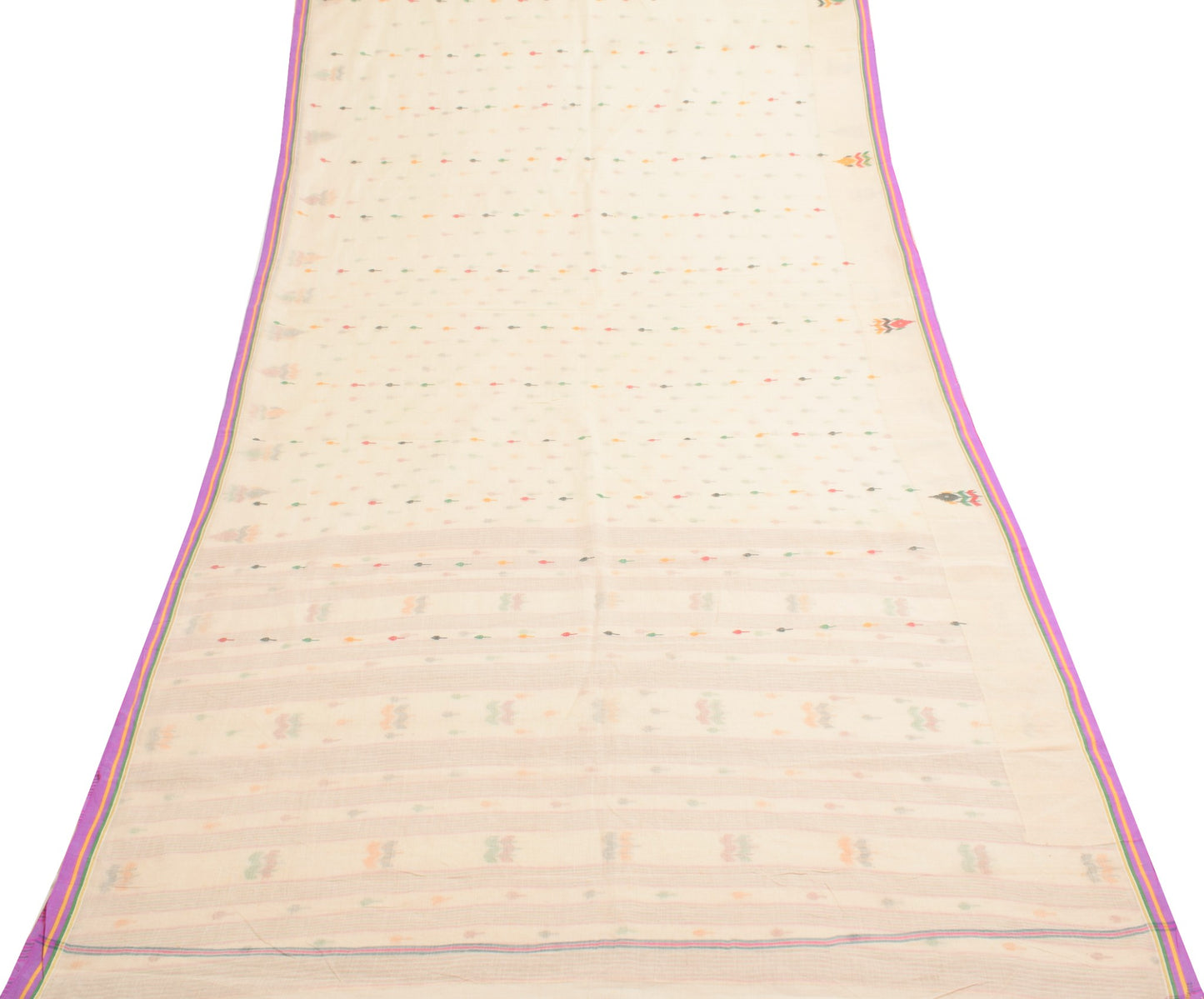 Sushila Vintage Cream Saree 100% Pure Cotton Bengal Tant Woven 5 YD Sari Fabric