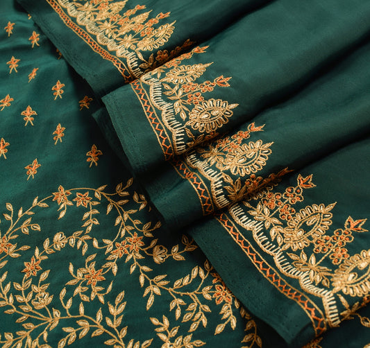 Sushila Vintage Green Saree Art Crepe Hand Embroidered Sari With Blouse Fabric