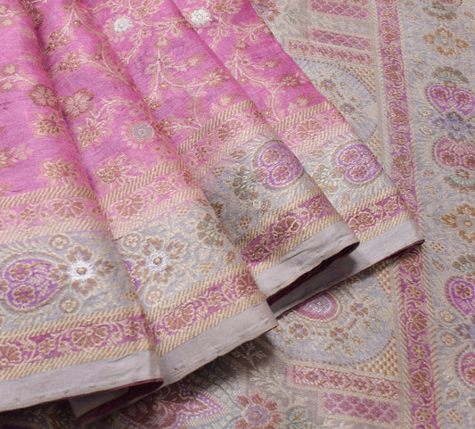 Sushila Vintage Pink Saree 100% Pure Tussar Silk Woven Floral Soft Sari Fabric