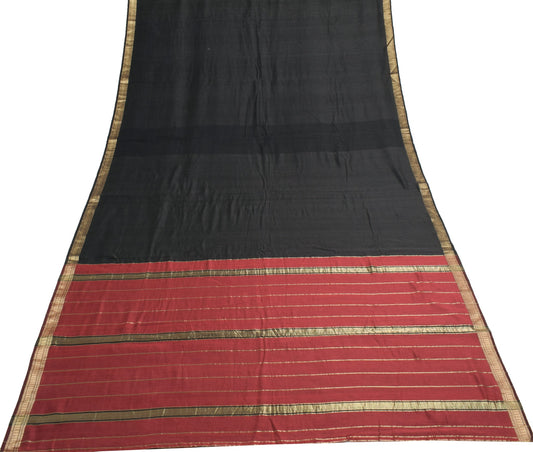 Sushila Vintage Black Saree 100% Pure Cotton Gold Zari Brocade Soft Sari Fabric