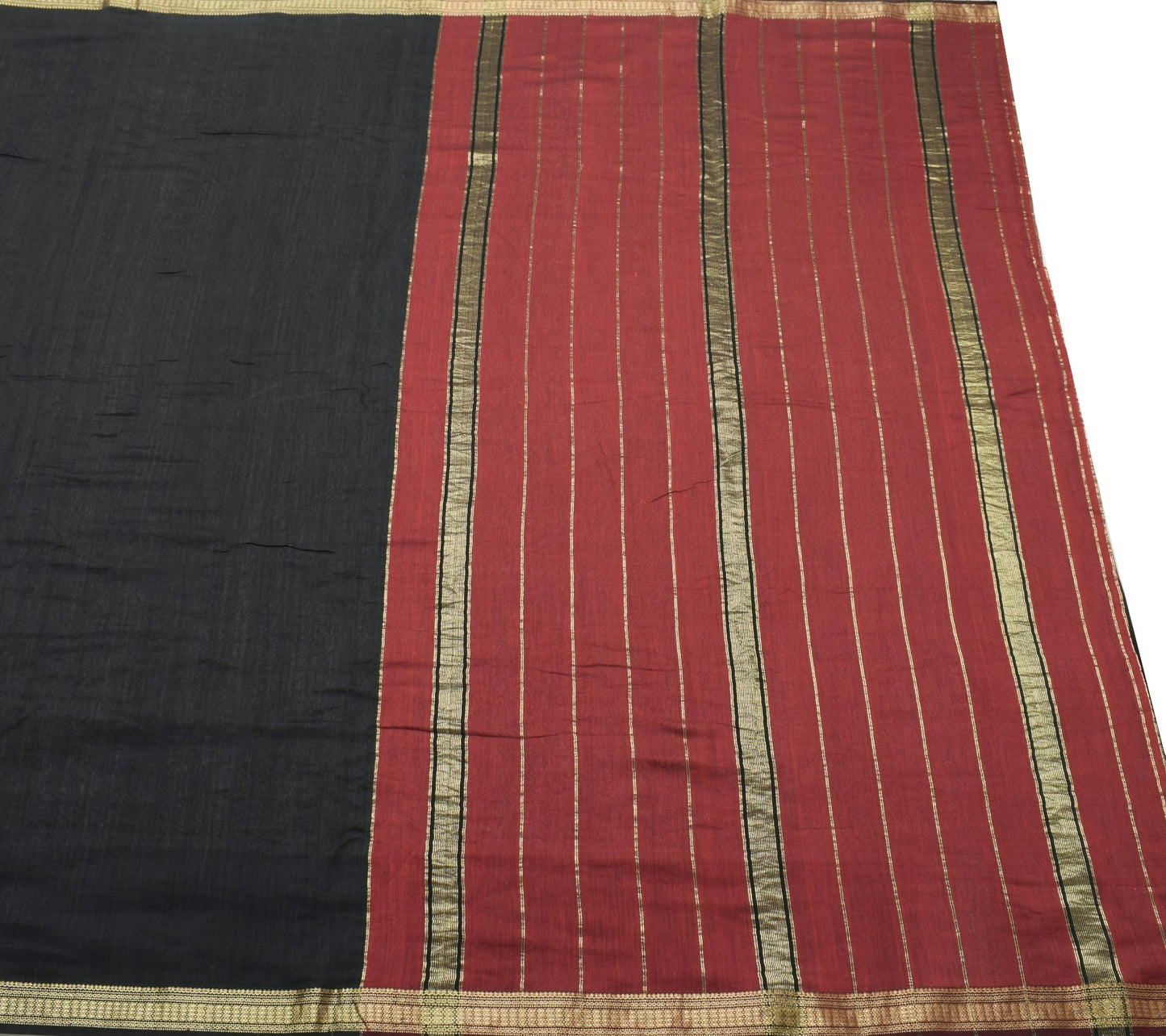 Sushila Vintage Black Saree 100% Pure Cotton Gold Zari Brocade Soft Sari Fabric