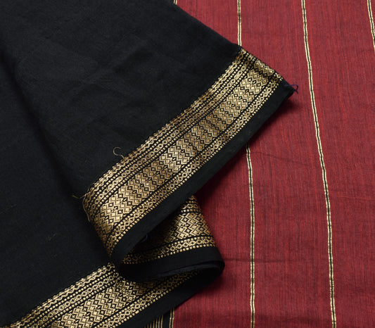 Sushila Vintage Black Saree 100% Pure Cotton Gold Zari Brocade Soft Sari Fabric
