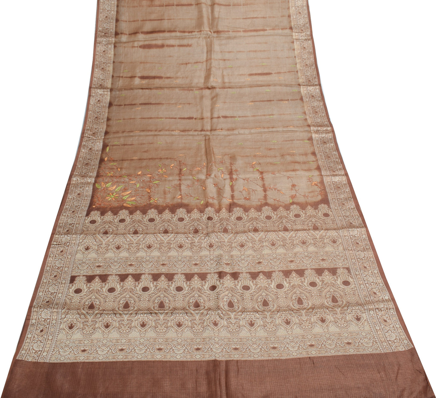 Sushila Vintage Pure Tussar Silk Saree Woven & Embroidered Brown 5YD Sari Fabric