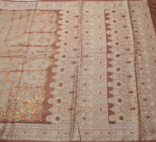 Sushila Vintage Pure Tussar Silk Saree Woven & Embroidered Brown 5YD Sari Fabric