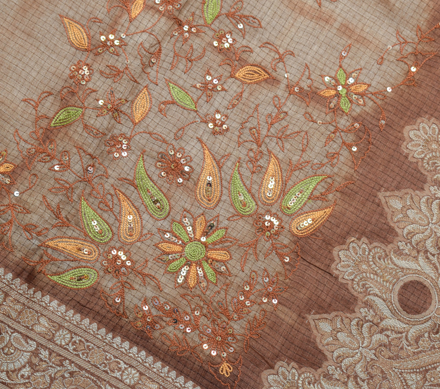Sushila Vintage Pure Tussar Silk Saree Woven & Embroidered Brown 5YD Sari Fabric