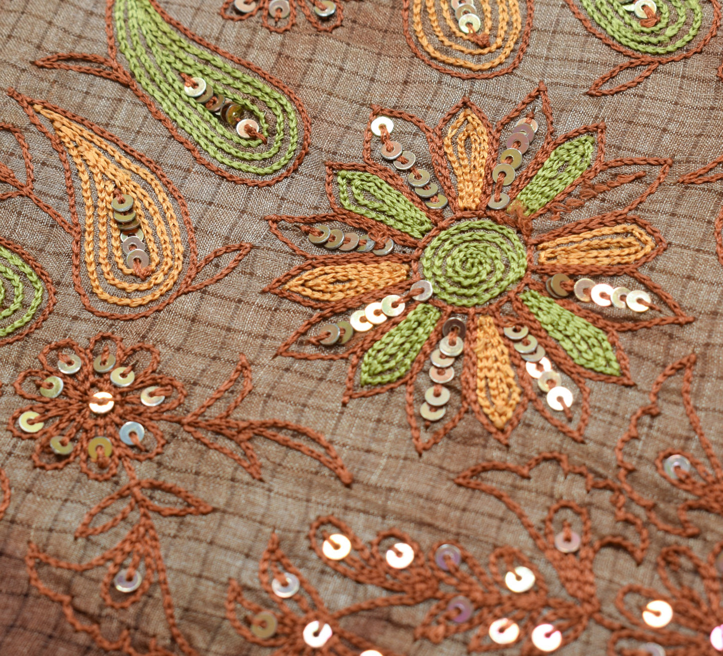 Sushila Vintage Pure Tussar Silk Saree Woven & Embroidered Brown 5YD Sari Fabric
