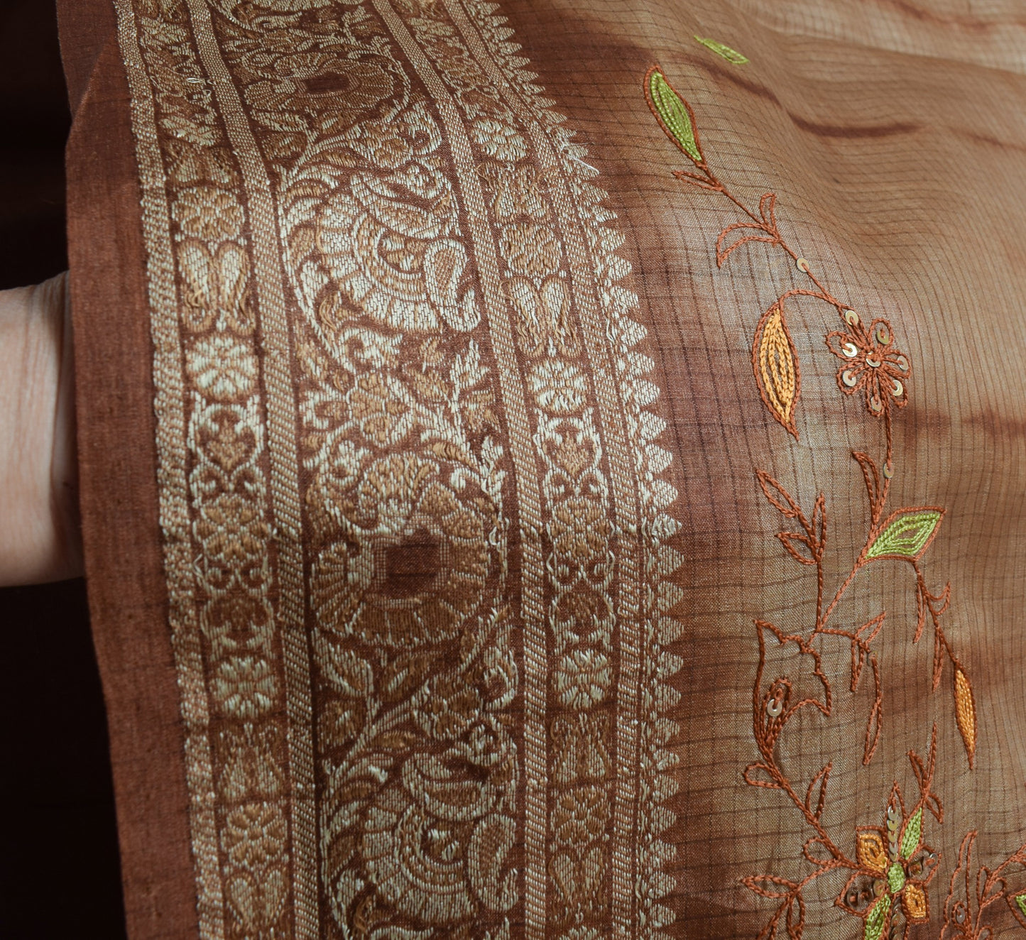 Sushila Vintage Pure Tussar Silk Saree Woven & Embroidered Brown 5YD Sari Fabric