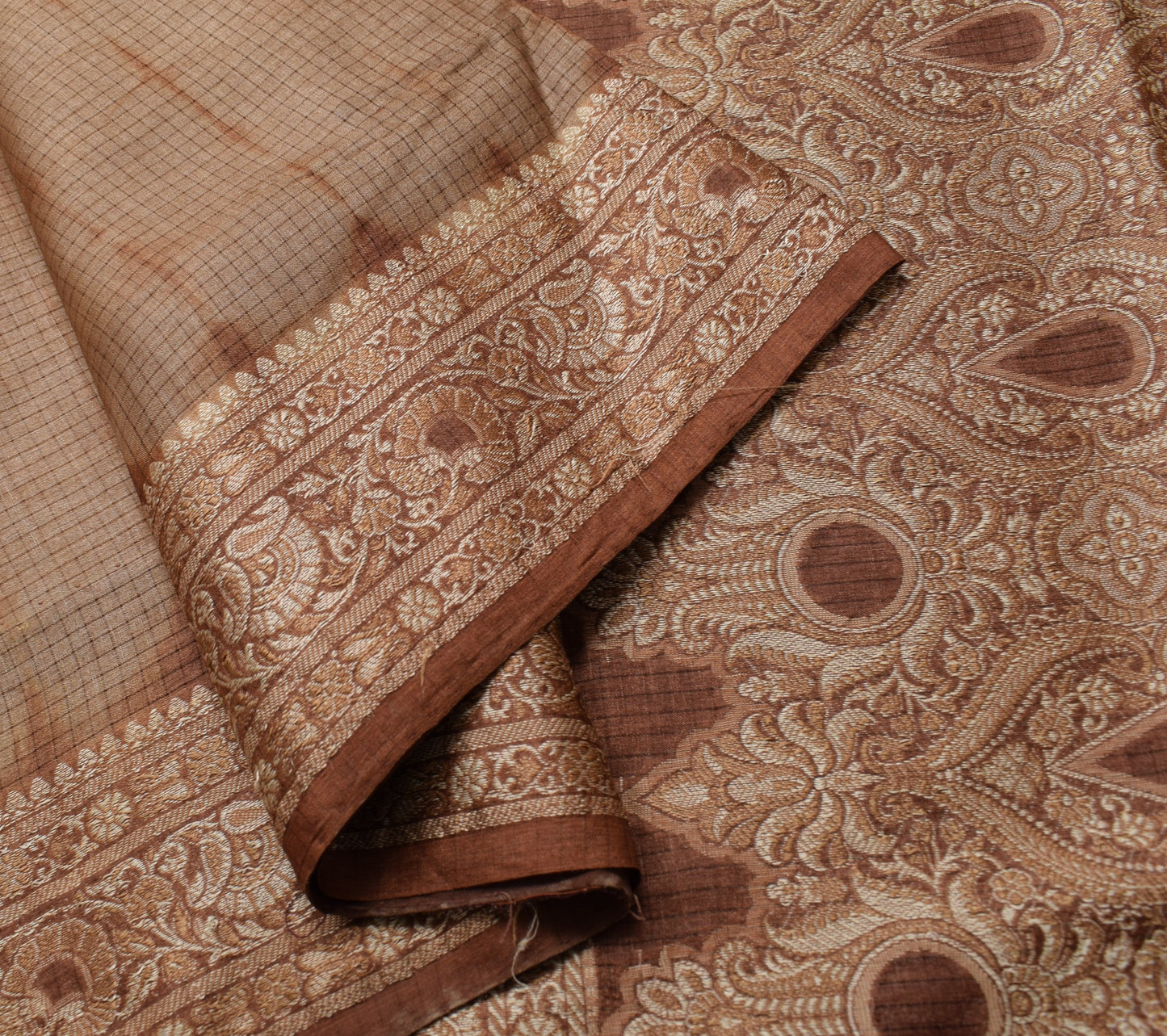 Sushila Vintage Pure Tussar Silk Saree Woven & Embroidered Brown 5YD Sari Fabric