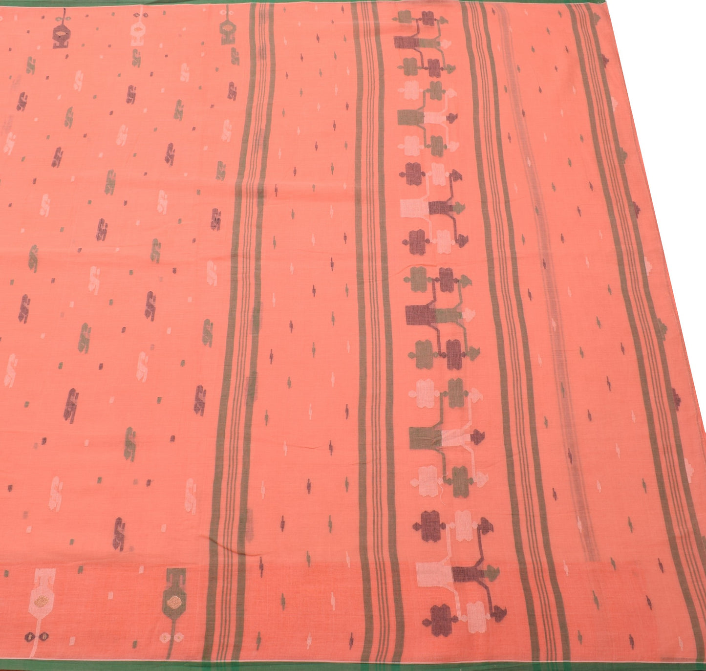 Sushila Vintage Salmon Bengal Saree 100% Pure Cotton Tant Woven Soft Sari Fabric