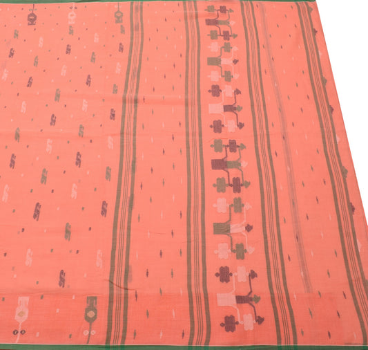 Sushila Vintage Salmon Bengal Saree 100% Pure Cotton Tant Woven Soft Sari Fabric