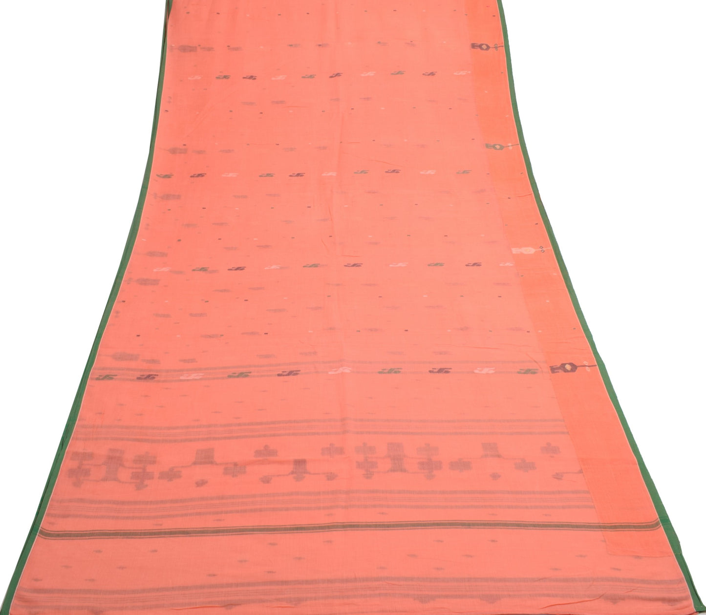 Sushila Vintage Salmon Bengal Saree 100% Pure Cotton Tant Woven Soft Sari Fabric