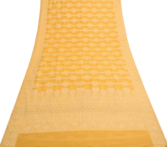 Sushila Vintage Yellow Saree Art Cotton Floral Woven Traditional Sari Fabric