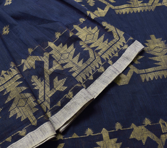 Sushila Vintage Navy Blue Saree 100% Pure Cotton Woven Traditional Sari Fabric