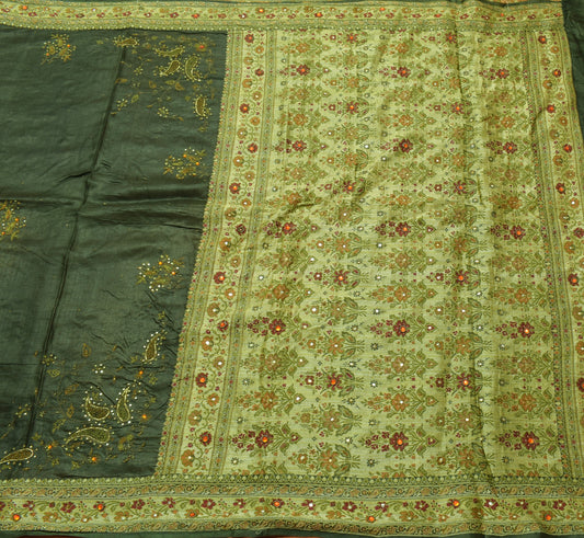 Sushila Vintage Dark Green Saree Woven Embroidered Pure Tussar Silk Sari Fabric