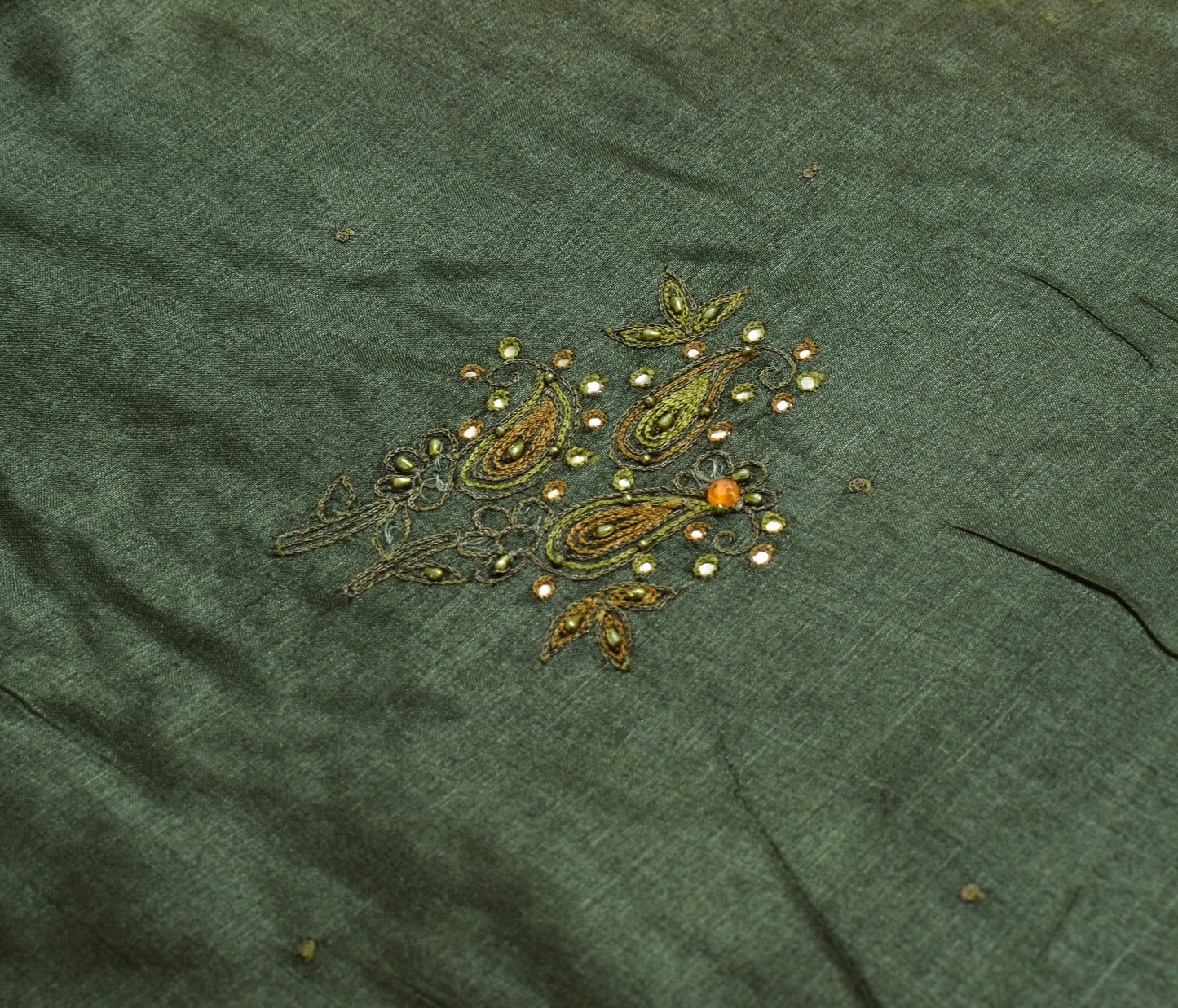 Sushila Vintage Dark Green Saree Woven Embroidered Pure Tussar Silk Sari Fabric