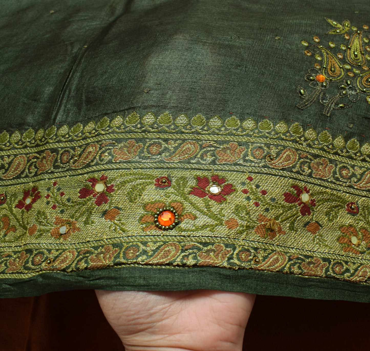 Sushila Vintage Dark Green Saree Woven Embroidered Pure Tussar Silk Sari Fabric