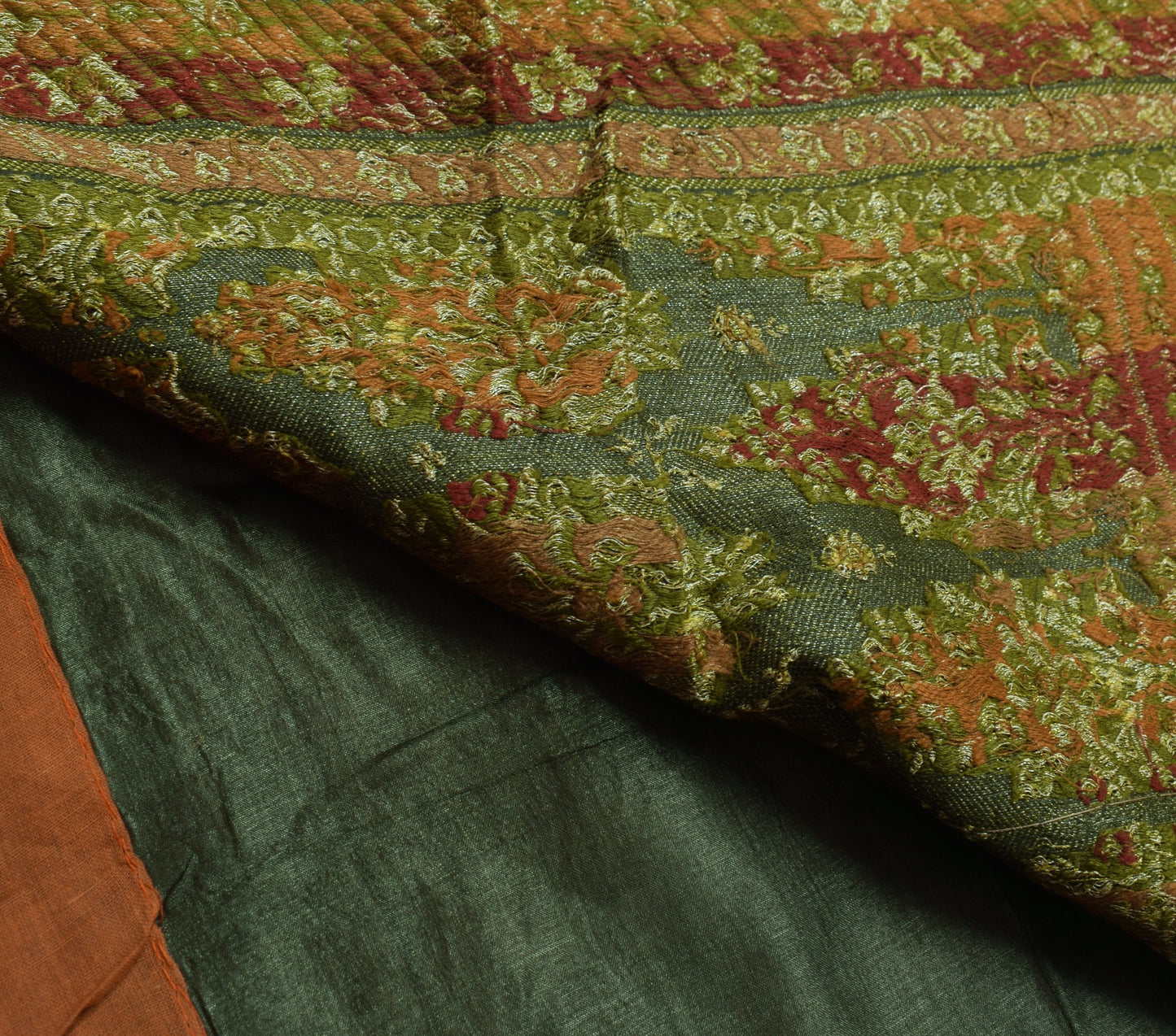 Sushila Vintage Dark Green Saree Woven Embroidered Pure Tussar Silk Sari Fabric