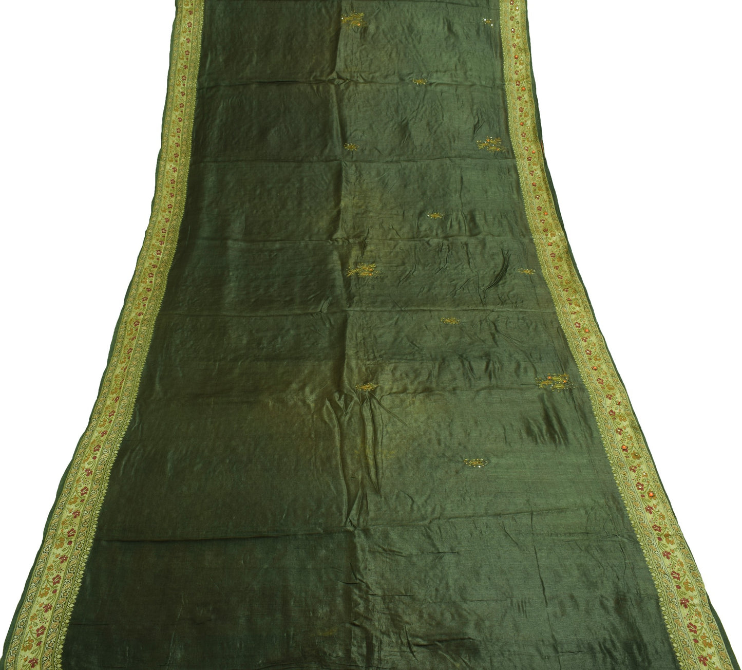 Sushila Vintage Dark Green Saree Woven Embroidered Pure Tussar Silk Sari Fabric