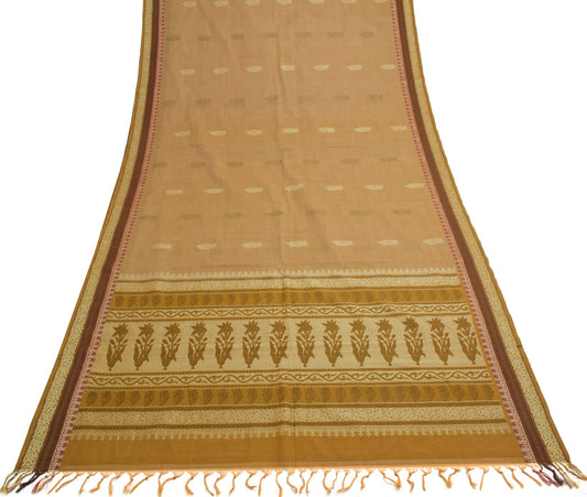 Sushila Vintage Brown Saree 100% Pure Cotton Floral Woven Indian 5YD Sari Fabric